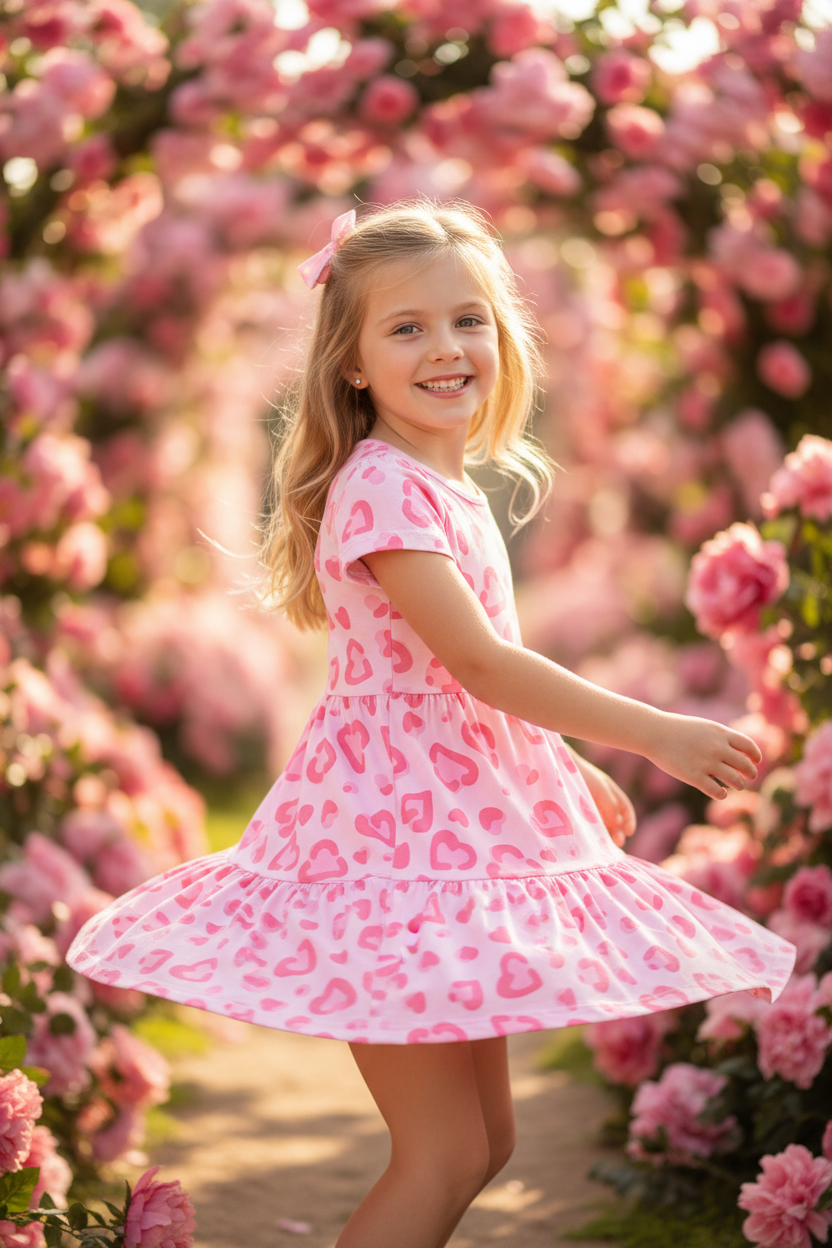 Coolbee Store – Girl in pink garden wearing pink heart print tiered dress