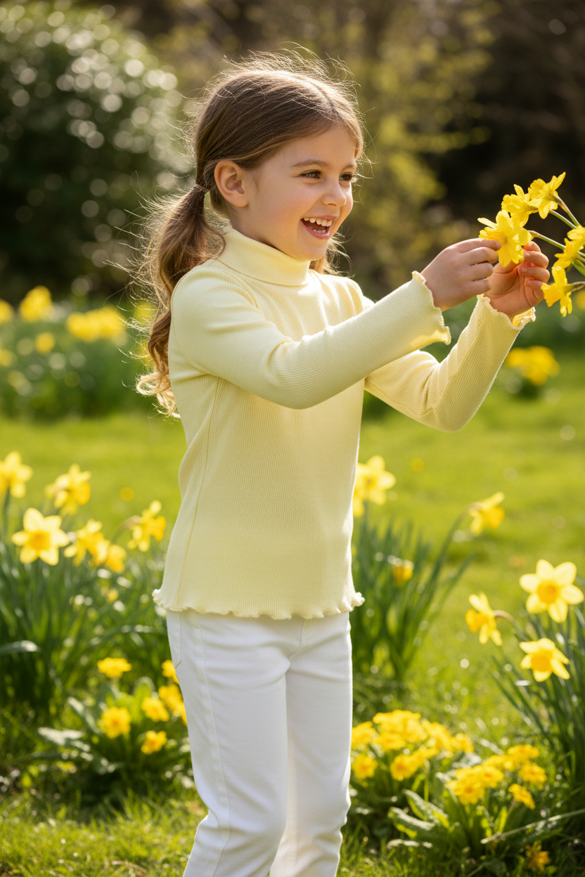 Coolbee Store – Girl in spring garden wearing pastel yellow turtleneck top