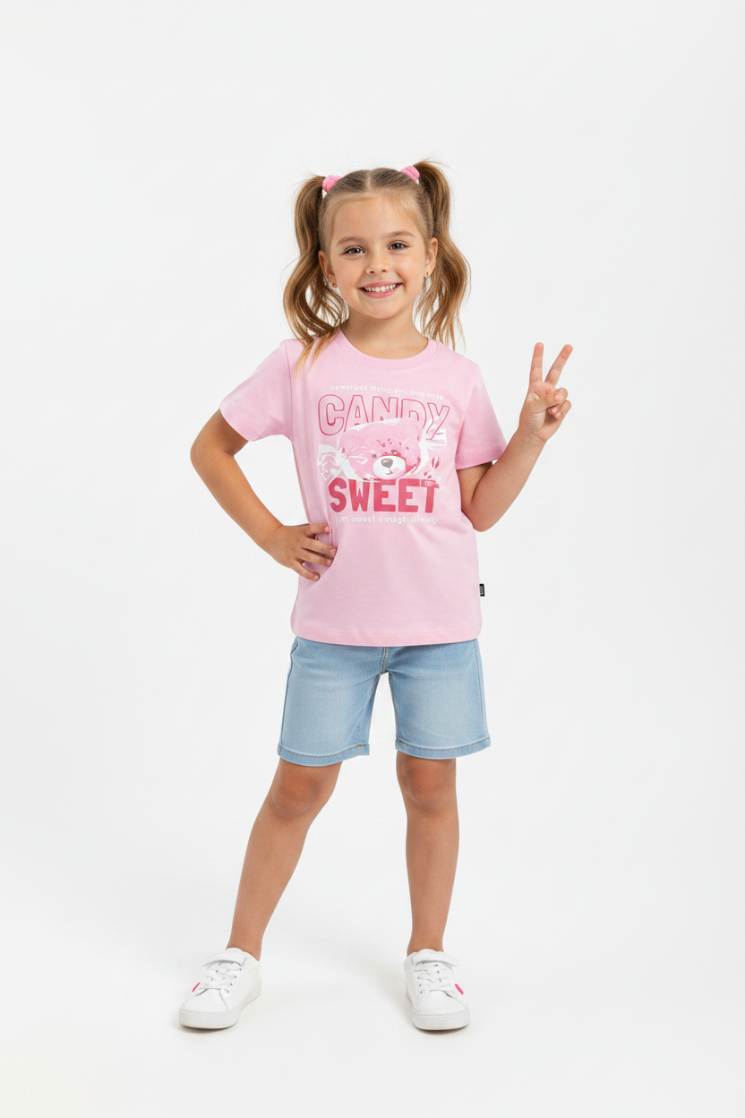 Coolbee Store – Girl in studio wearing pink candy sweet tee