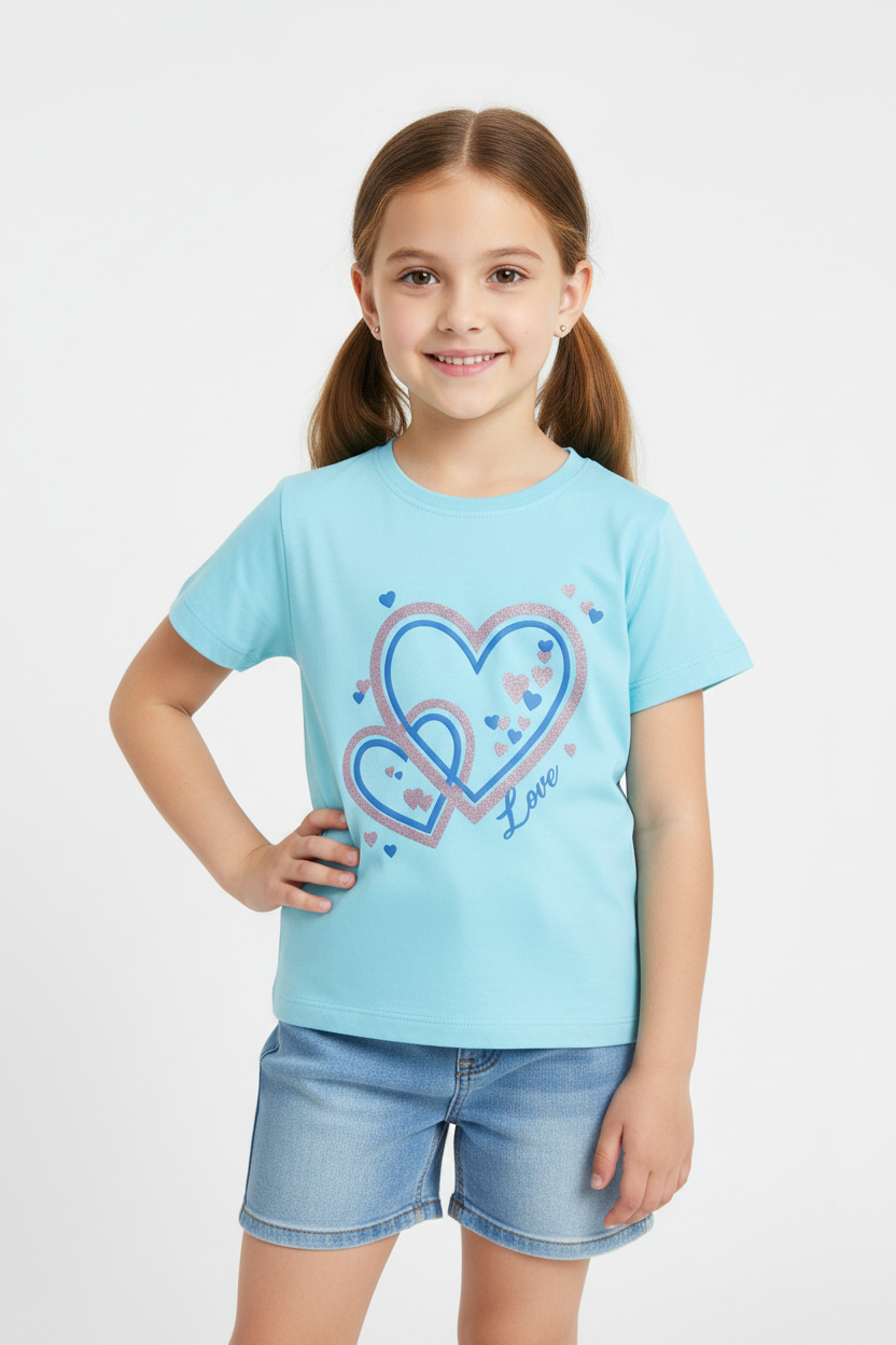 Coolbee Store – Girl in studio wearing sky blue love hearts tee