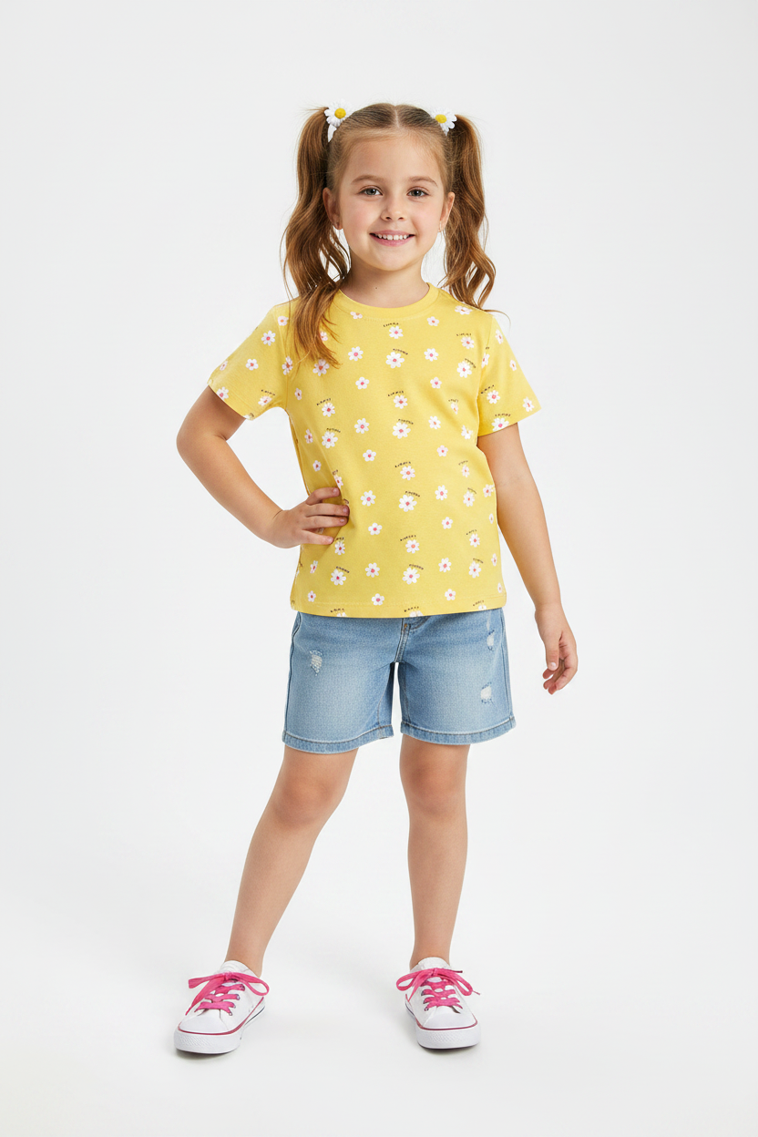 Coolbee Store – Girl in studio wearing yellow daisy tee