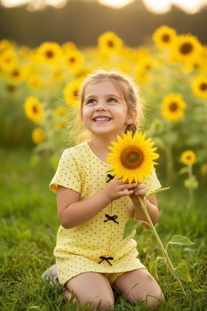 Coolbee Store – Girl in sunflower garden wearing yellow polka dot bow top