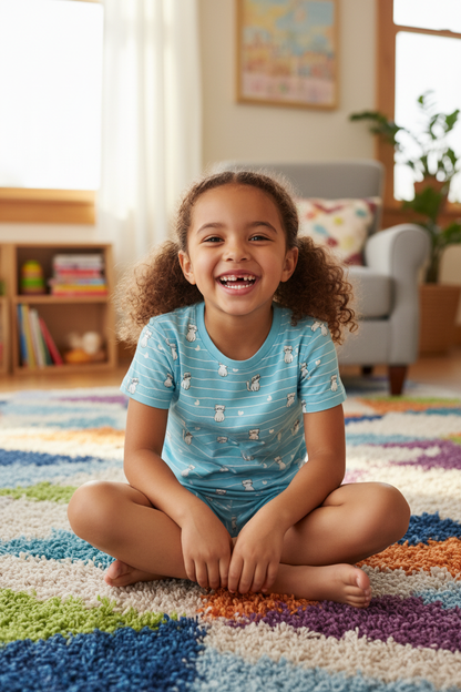 Coolbee Store – Girl indoors wearing light blue cat print tee