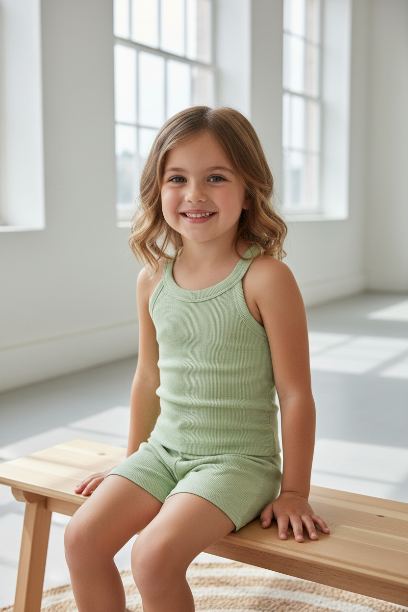 Coolbee Store – Girl on bench wearing sea green ribbed sleeveless top