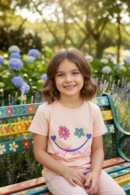 Coolbee Store – Girl on garden bench wearing peach just smile tee