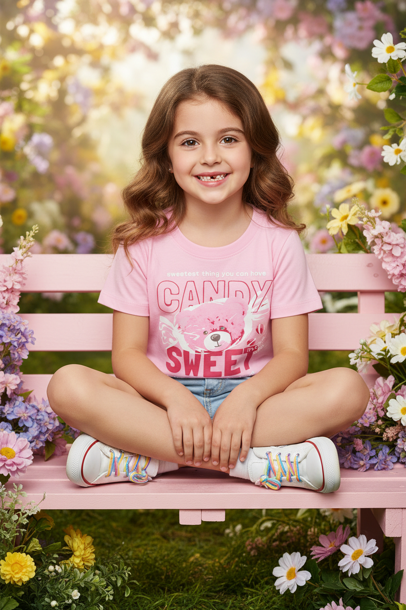 Coolbee Store – Girl on garden bench wearing pink candy sweet tee