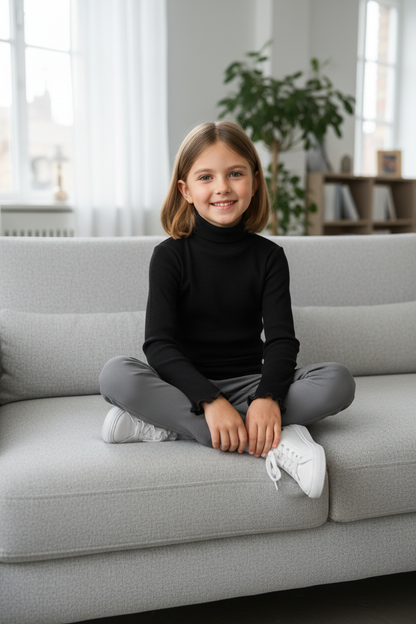 Coolbee Store – Girl on grey sofa wearing black ribbed turtleneck top