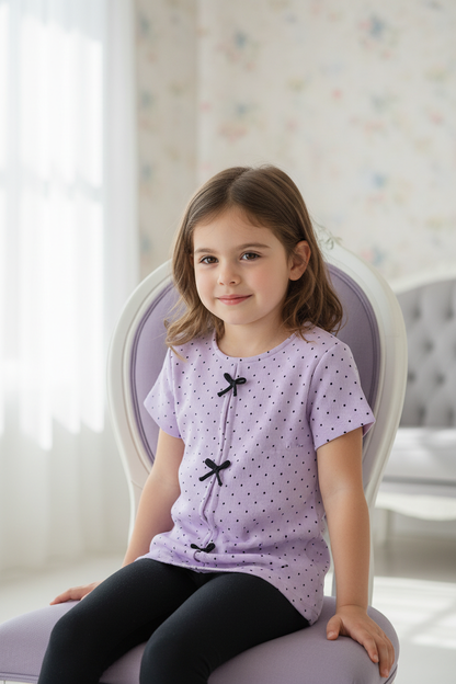 Coolbee Store – Girl on lavender chair wearing lilac polka dot bow top