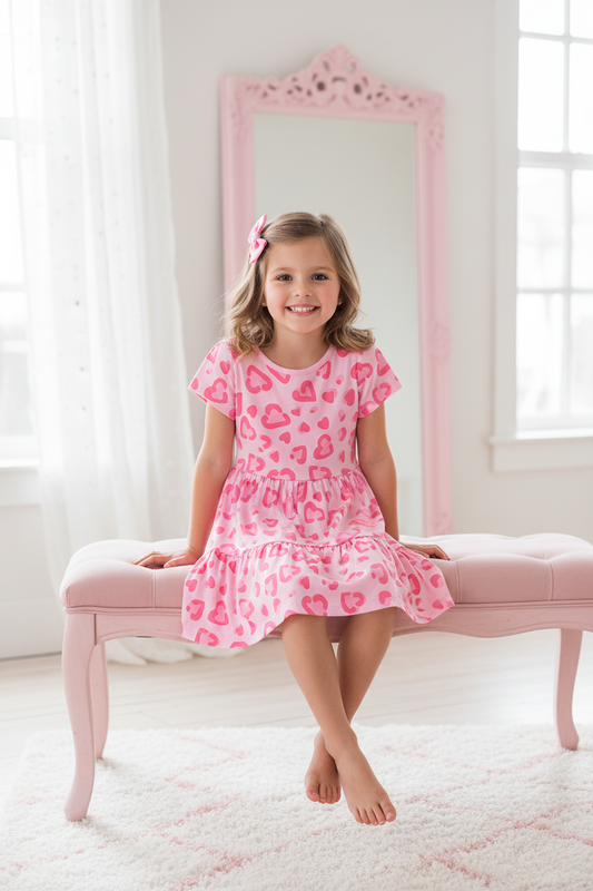Girl on pastel bench wearing pink heart print tiered dress