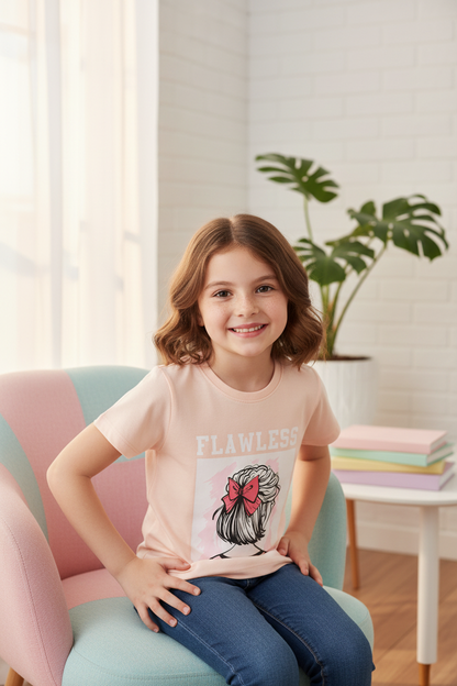 Coolbee Store – Girl on pastel chair wearing peach flawless tee