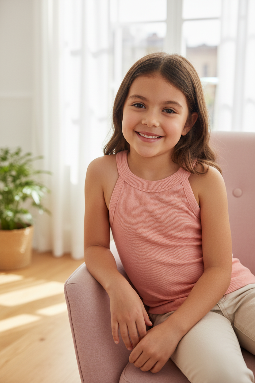 Coolbee Store – Girl on pastel chair wearing pink ribbed sleeveless top