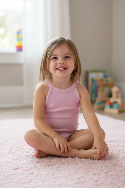 Coolbee Store – Girl on pastel rug wearing light pink ribbed tank top