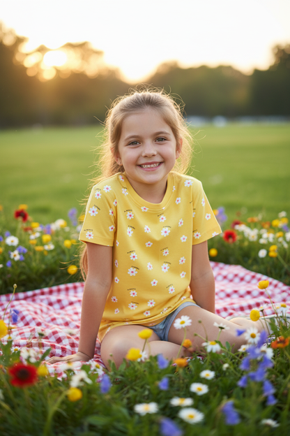 Coolbee Store – Girl on picnic blanket wearing yellow daisy tee