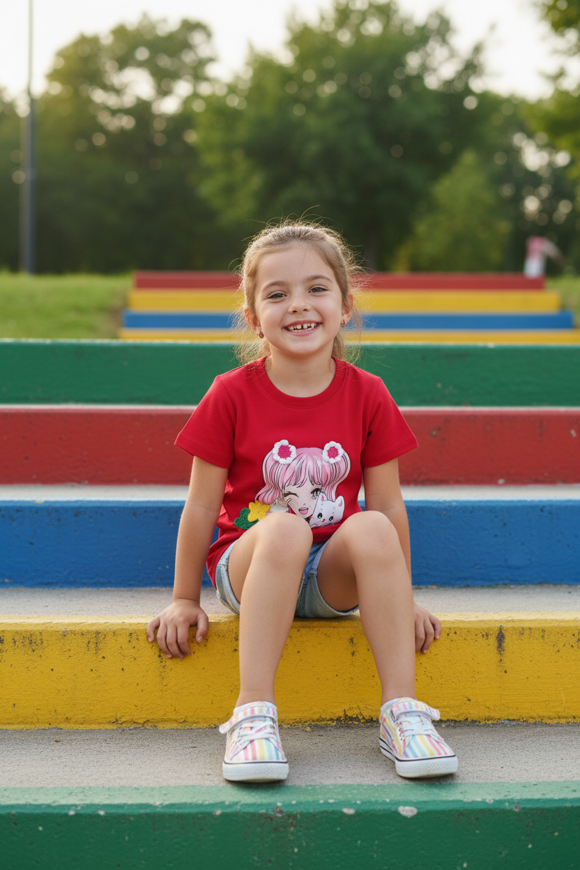 Coolbee Store – Girl on steps wearing red cute everyday anime tee