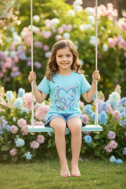 Coolbee Store – Girl on swing wearing sky blue love hearts tee