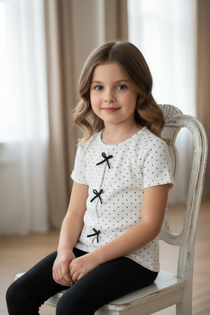 Coolbee Store – Girl on vintage chair wearing white polka dot bow top