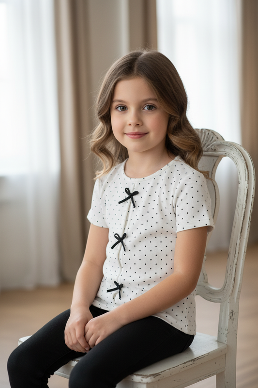 Girl on vintage chair wearing white polka dot bow top