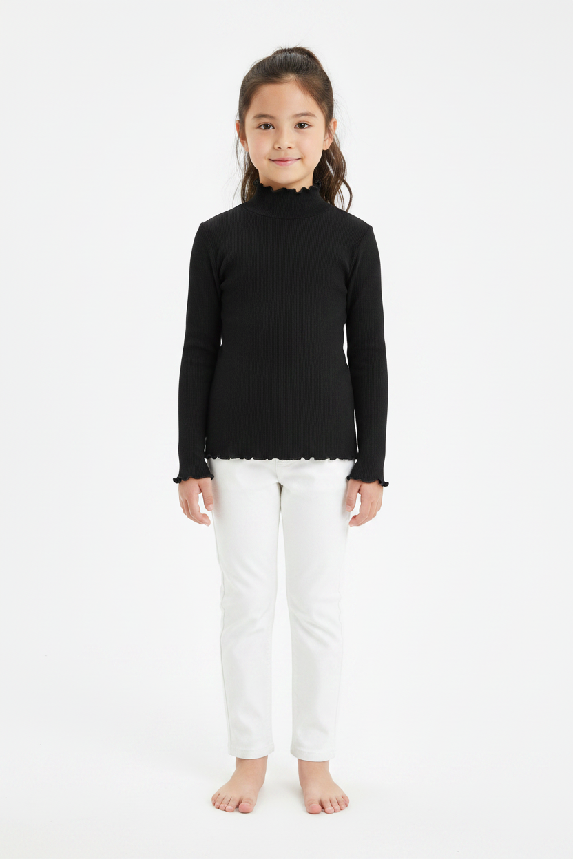 Coolbee Store – Girl on white background wearing black ribbed turtleneck top