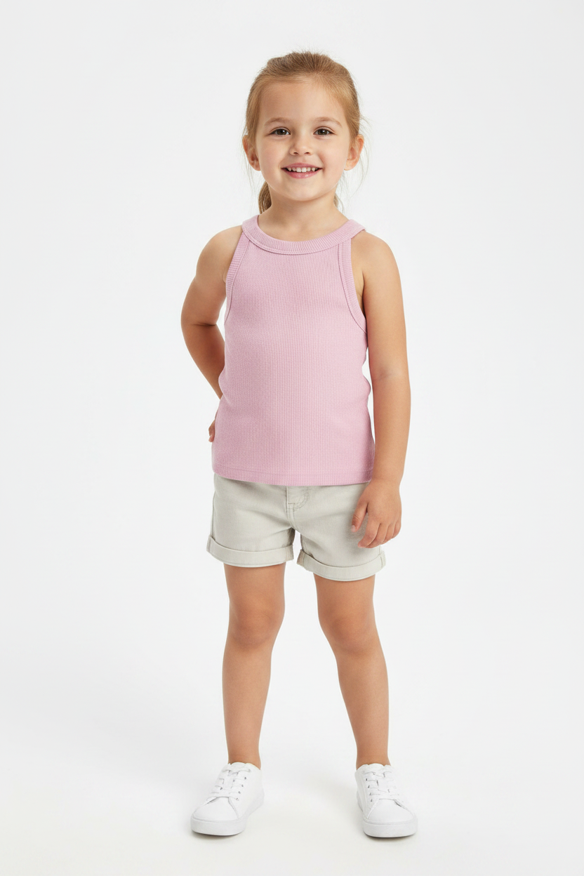 Coolbee Store – Girl on white background wearing light pink ribbed tank top