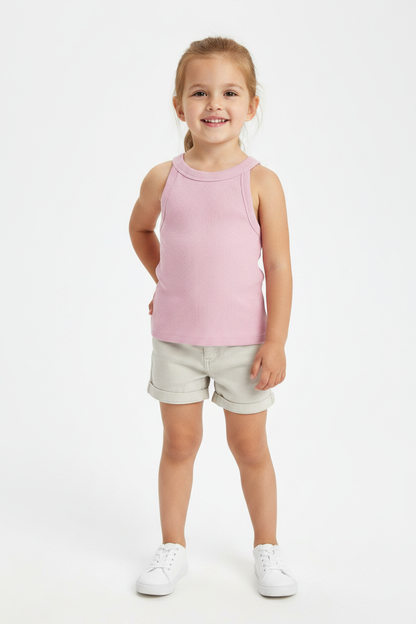Coolbee Store – Girl on white background wearing light pink ribbed tank top