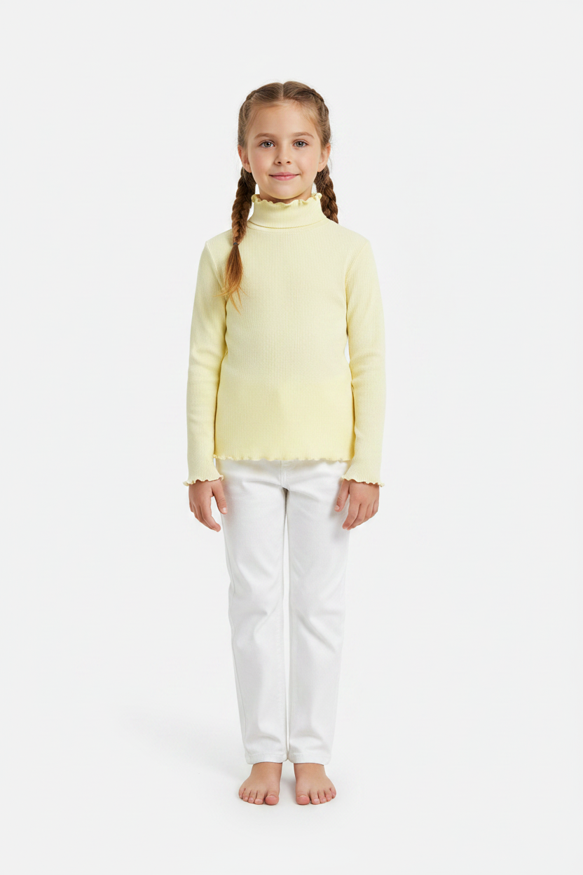 Coolbee Store – Girl on white background wearing pastel yellow turtleneck top