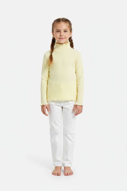Coolbee Store – Girl on white background wearing pastel yellow turtleneck top