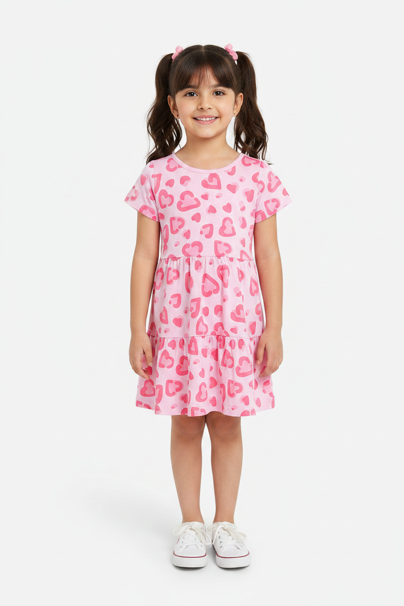 Coolbee Store – Girl on white background wearing pink heart print tiered dress