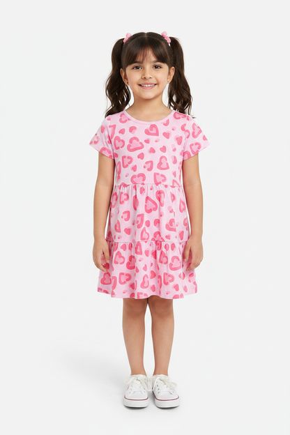 Coolbee Store – Girl on white background wearing pink heart print tiered dress
