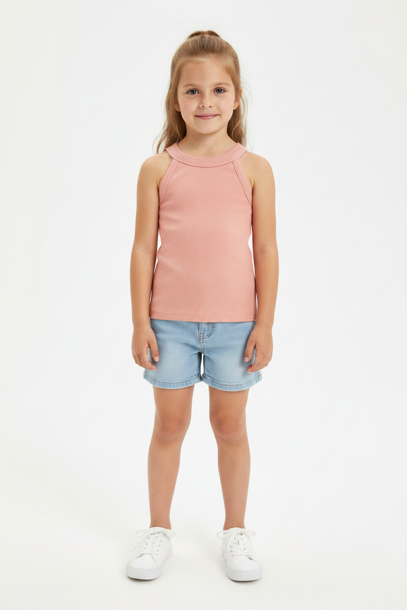 Coolbee Store – Girl on white background wearing pink ribbed sleeveless top