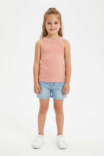 Coolbee Store – Girl on white background wearing pink ribbed sleeveless top