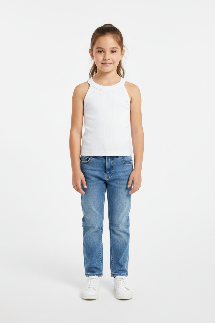 Coolbee Store – Girl on white background wearing white ribbed halter neck top