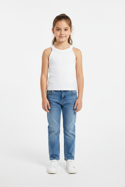 Coolbee Store – Girl on white background wearing white ribbed halter neck top
