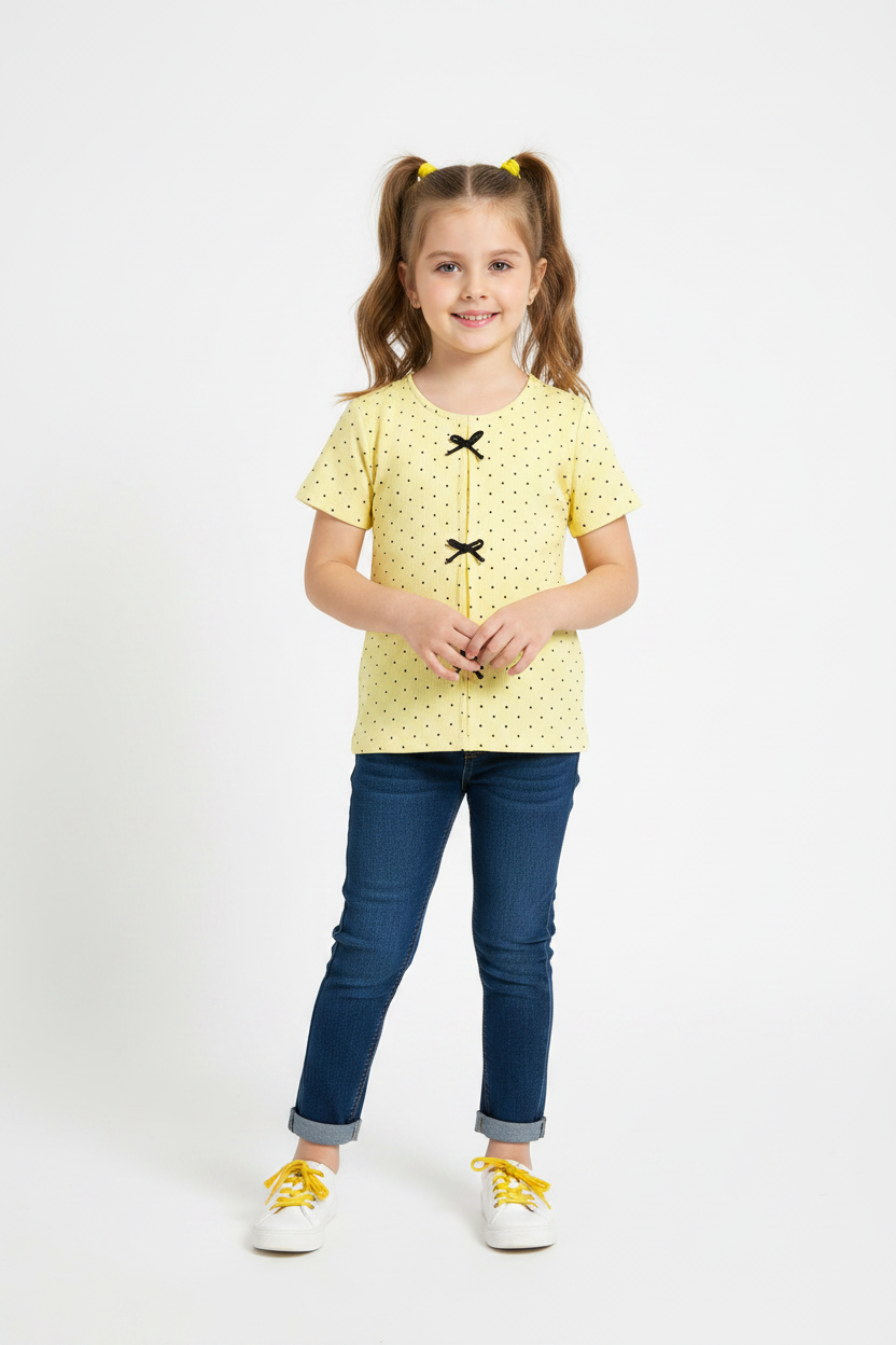Coolbee Store – Girl on white background wearing yellow polka dot bow top