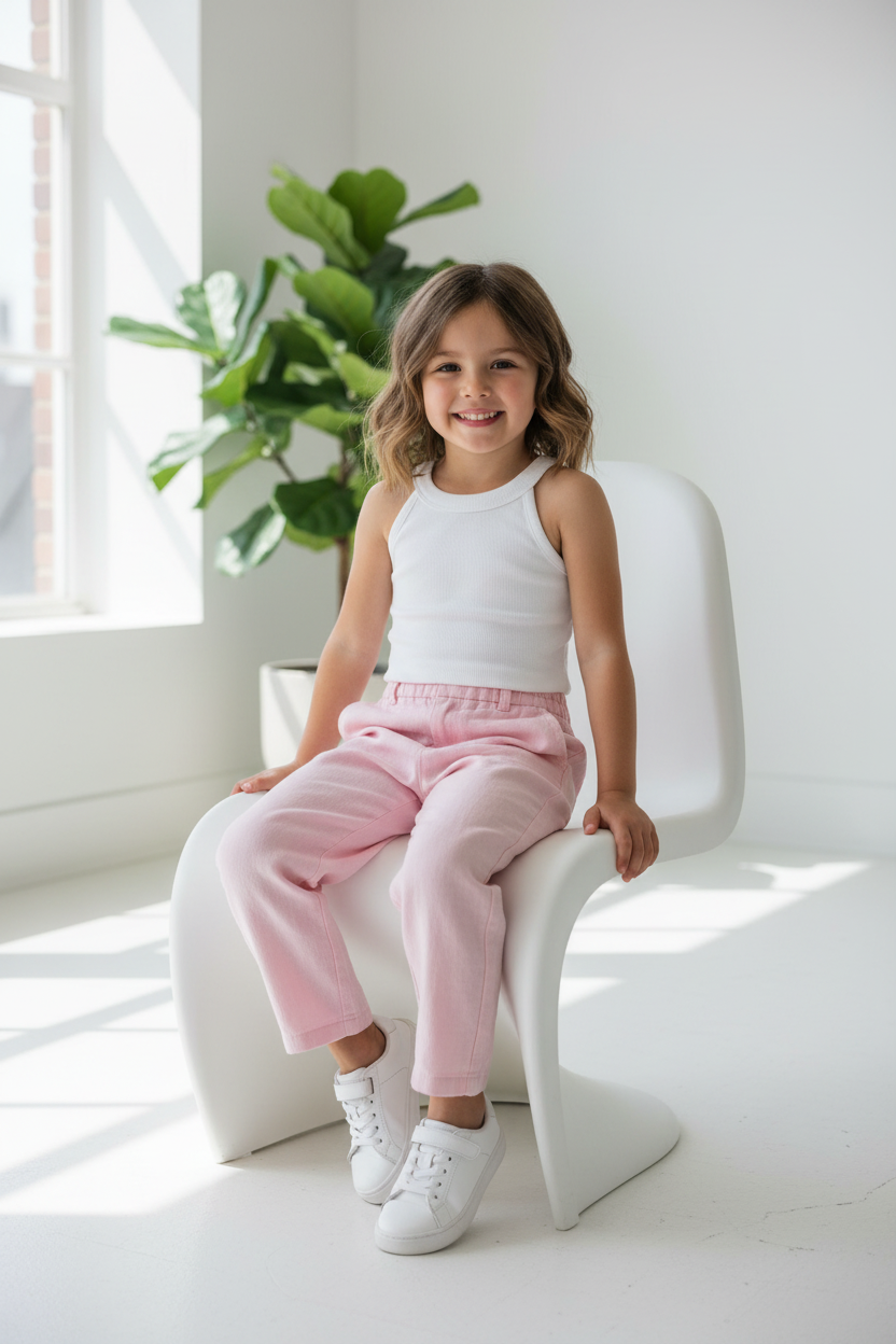 Coolbee Store – Girl on white chair wearing white ribbed halter neck top
