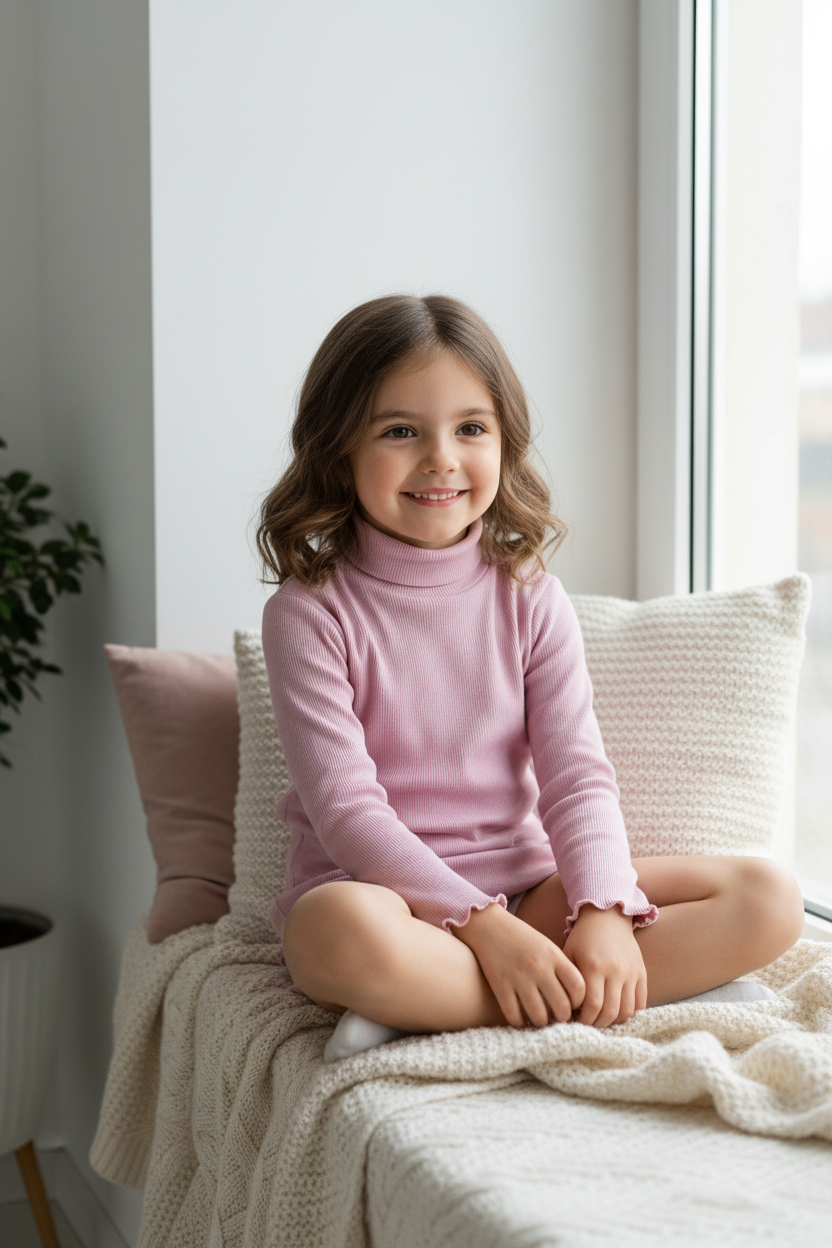 Coolbee Store – Girl on window seat wearing pink turtleneck