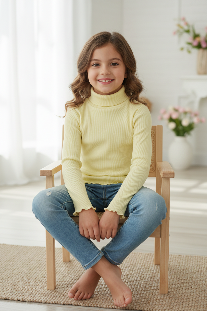 Coolbee Store – Girl on wooden chair wearing pastel yellow turtleneck top