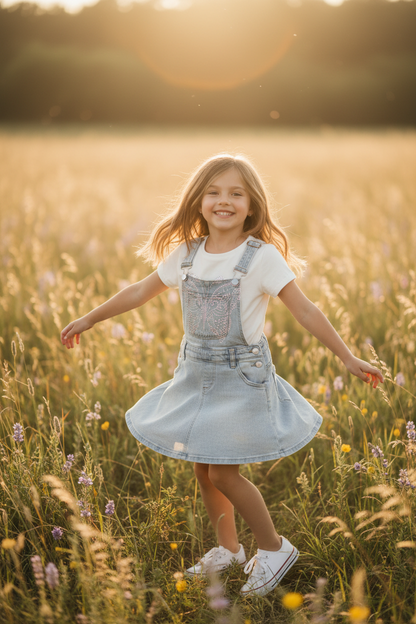 Coolbee Store – Girl twirling in meadow wearing off-white rhinestone tee