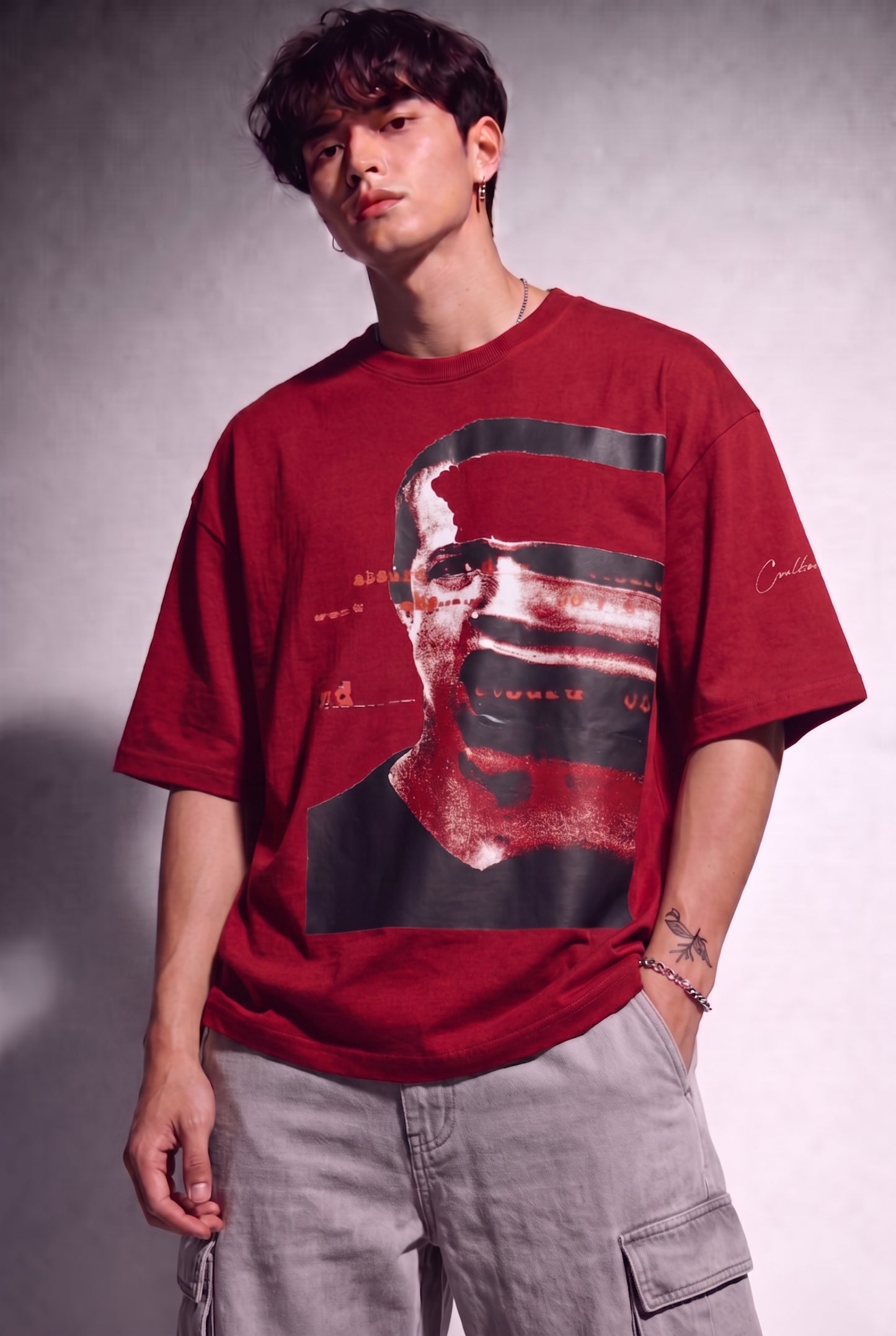 Cool Bee Glitch Portrait Tee Red for Men - Red Oversized Graphic Tee Streetwear India