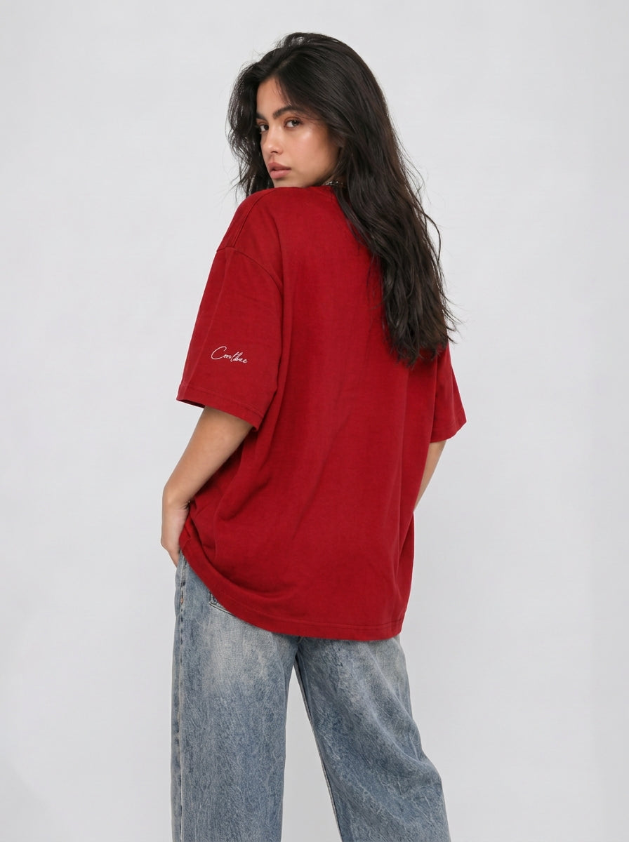 Cool Bee Blurred Vision Tee Red for Women - Oversized Graphic Tee Streetwear India - Lifestyle View