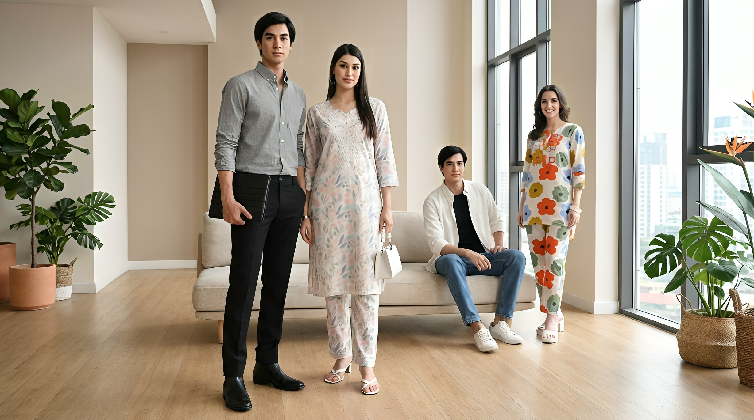 Four people standing in a modern living room with large windows and plants.