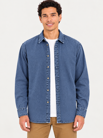 Cool Bee Midnight Blue Heritage Denim Shirt – front view, midnight blue shirt worn open over white tee with khaki trousers