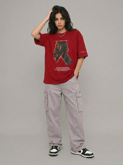 Cool Bee Urban Nomad Tee Red for Women - Oversized Graphic Tee Streetwear India - Detail View