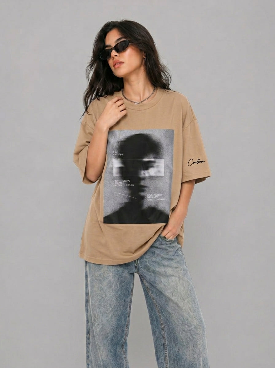 Cool Bee Blurred Vision Tee Beige for Women - Beige Oversized Graphic Tee Streetwear India