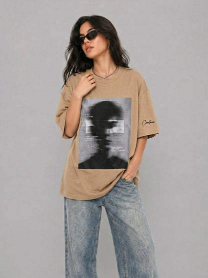 Cool Bee Blurred Vision Tee Beige for Women - Beige Oversized Graphic Tee Streetwear India