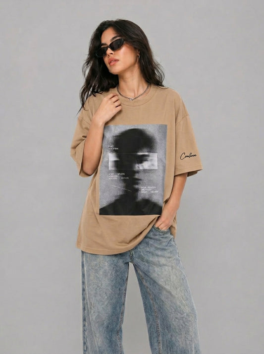 Cool Bee Blurred Vision Tee Beige for Women - Beige Oversized Graphic Tee Streetwear India