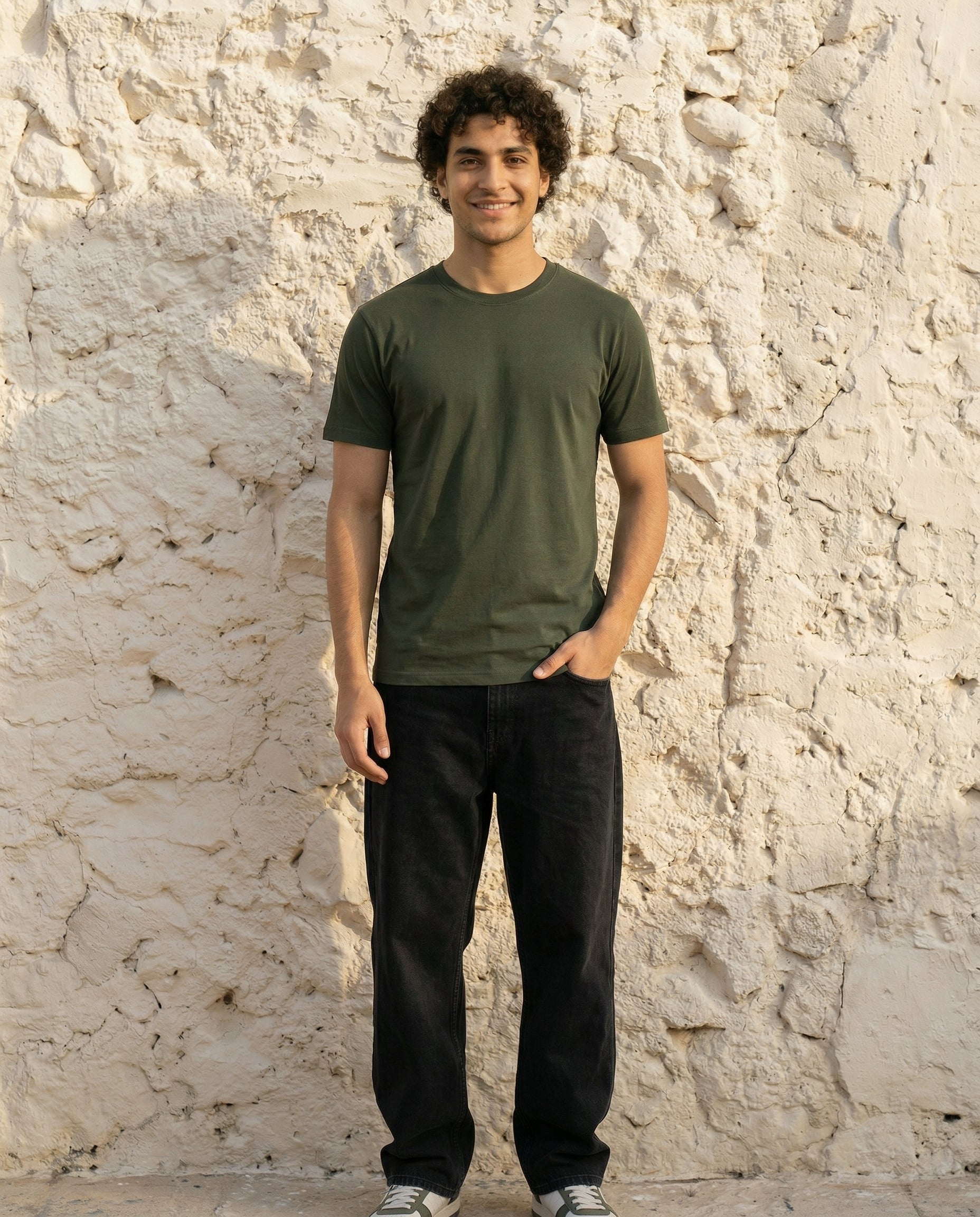 Cool Bee Essential Cotton Crew Neck T-Shirt Green for Men - Green Regular Fit Tee India - Lifestyle View