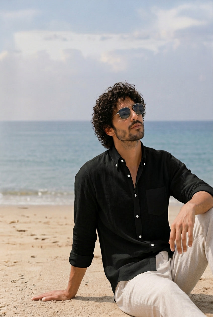 Cool Bee Linen Casual Shirt Black for Men - Black Linen Casual Shirt Breathable India - Lifestyle View
