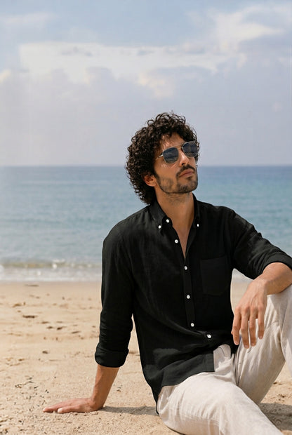 Cool Bee Linen Casual Shirt Black for Men - Black Linen Casual Shirt Breathable India - Lifestyle View