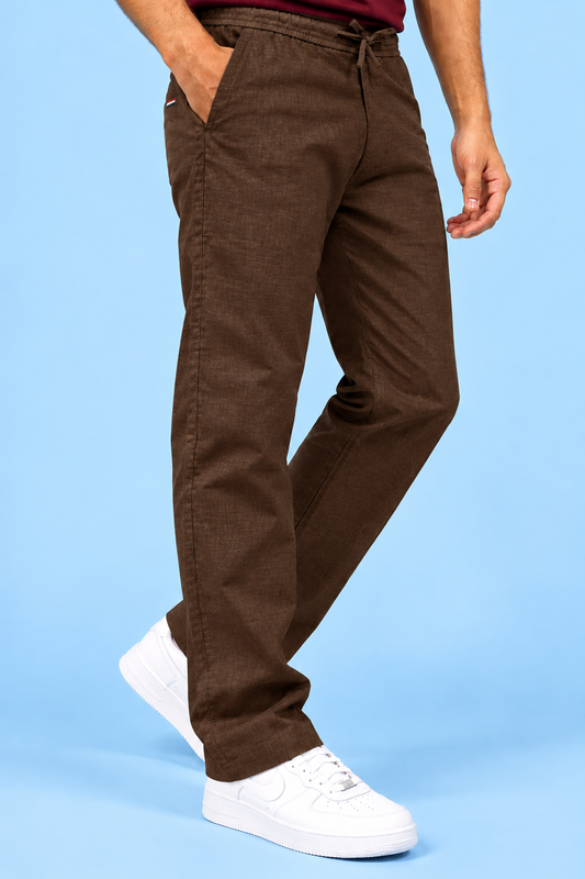 Cool Bee Linen Travel Pants Brown – side view mid-stride, brown linen travel pants