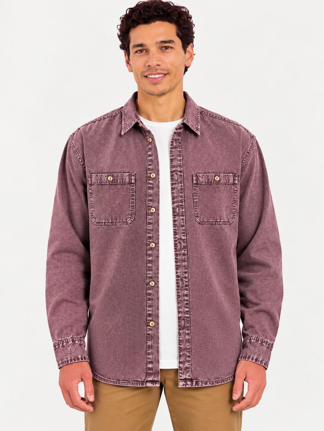 Cool Bee Mauve Wine Denim Washed Shirt – front view, mauve wine shirt worn open over white tee with khaki chinos